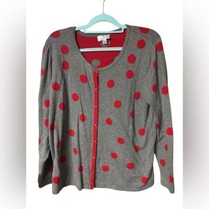Super Soft Quacker Factory Gray Cardigan with Vibrant Red Polka Dots 100% Cotton
